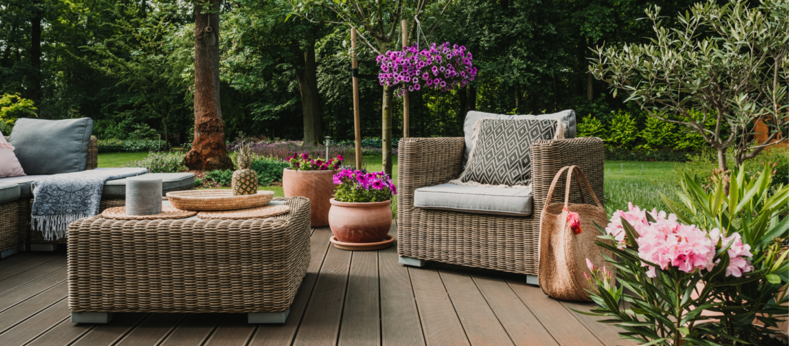 Outdoor garden with sitting area and flowers