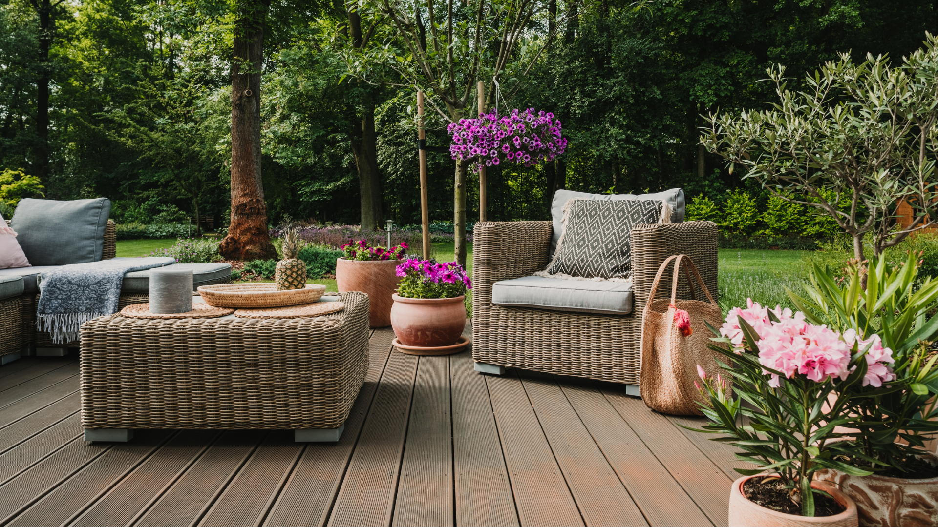 Outdoor garden with sitting area and flowers